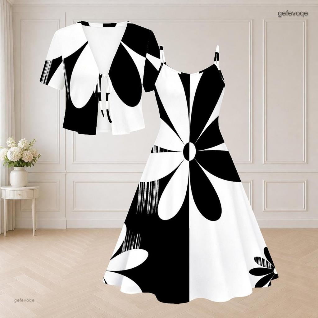 Women Plus Size Two Piece Dress Set Short Sleeve V Neck Tie Front Shrug Black White Printed Flared Dress