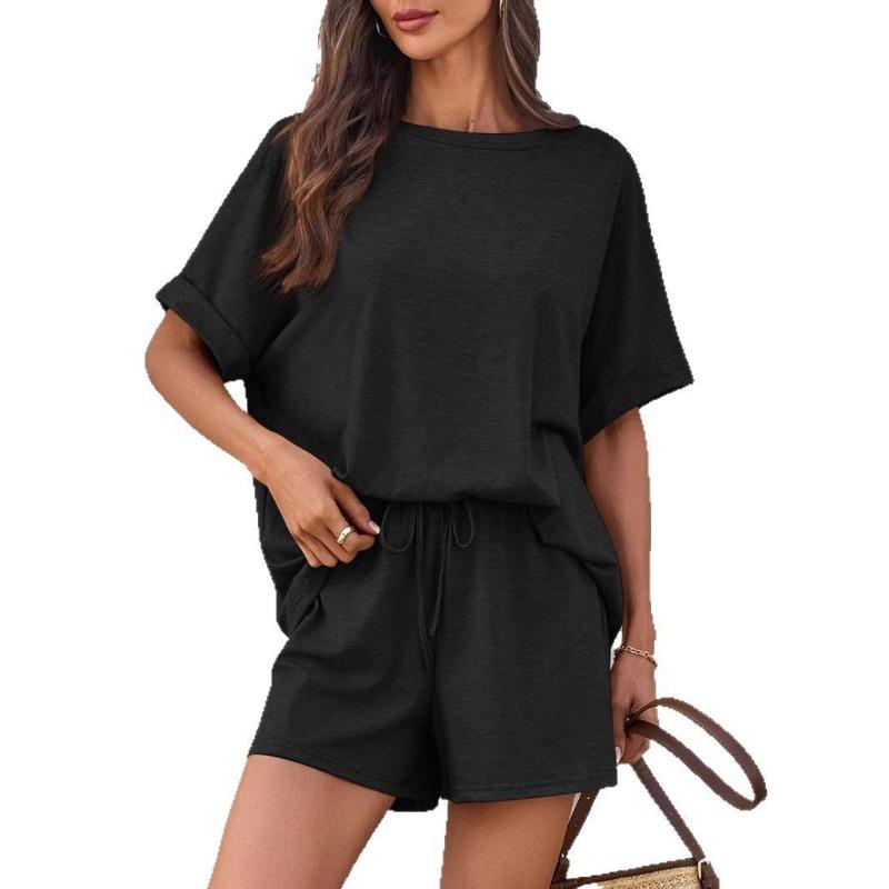 Conjunto Deportivo Casual Transpirable Holgado de Dos Piezas para Mujer Camiseta de Manga Corta y Pantalones Cortos con Cordón