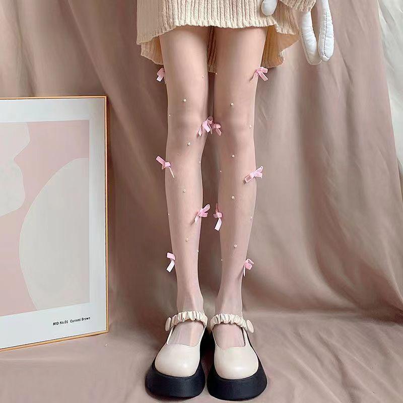 

Japanese JK Bowknot Lolita White Pearl Stockings Anti-Snag Pantyhose One Size