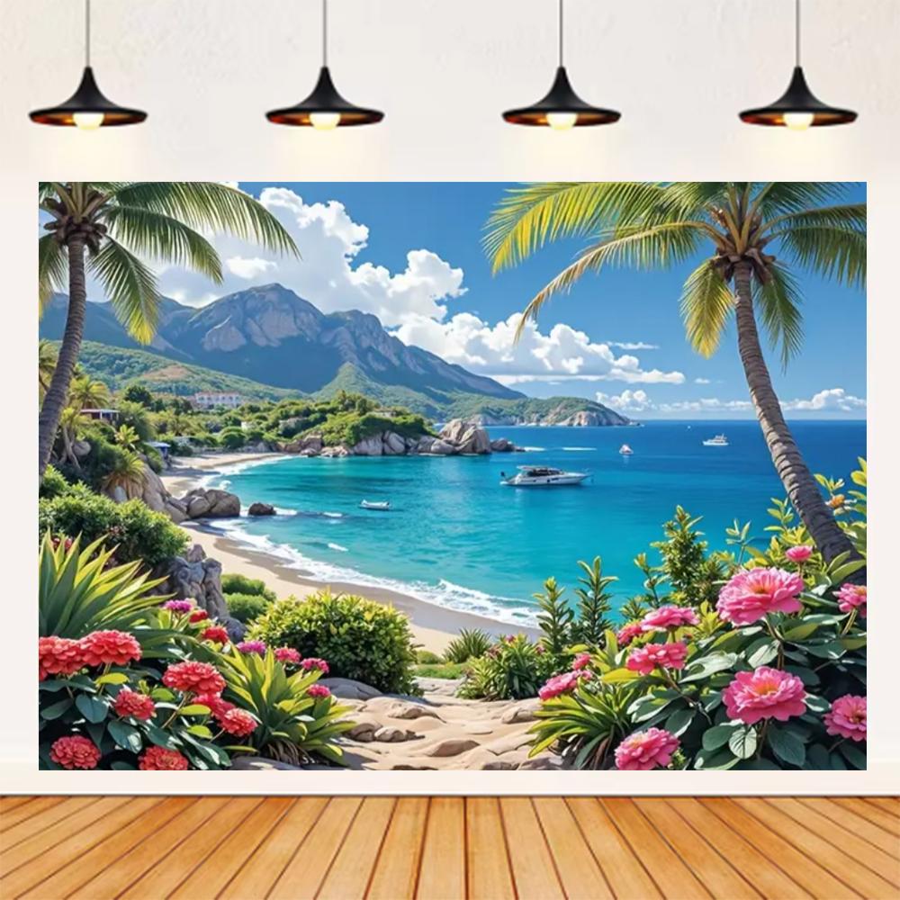 Summer Seaside Beach Theme Background Palm Tree Blue Sky Romantic Sunrise Sea Wave Photography Backdrop Supplies Party Decor