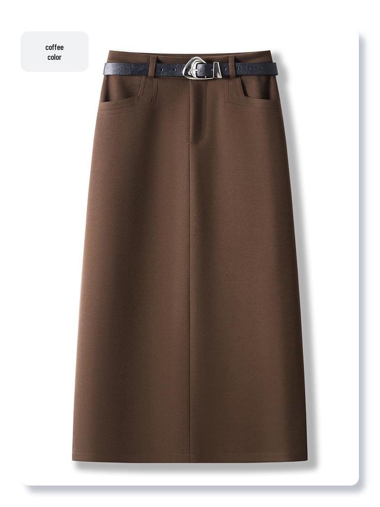 Women's 2024 Khaki Wool Midi Skirt: New Autumn/Winter Straight-Cut, Mid-Length Slit, Bodycon Design.