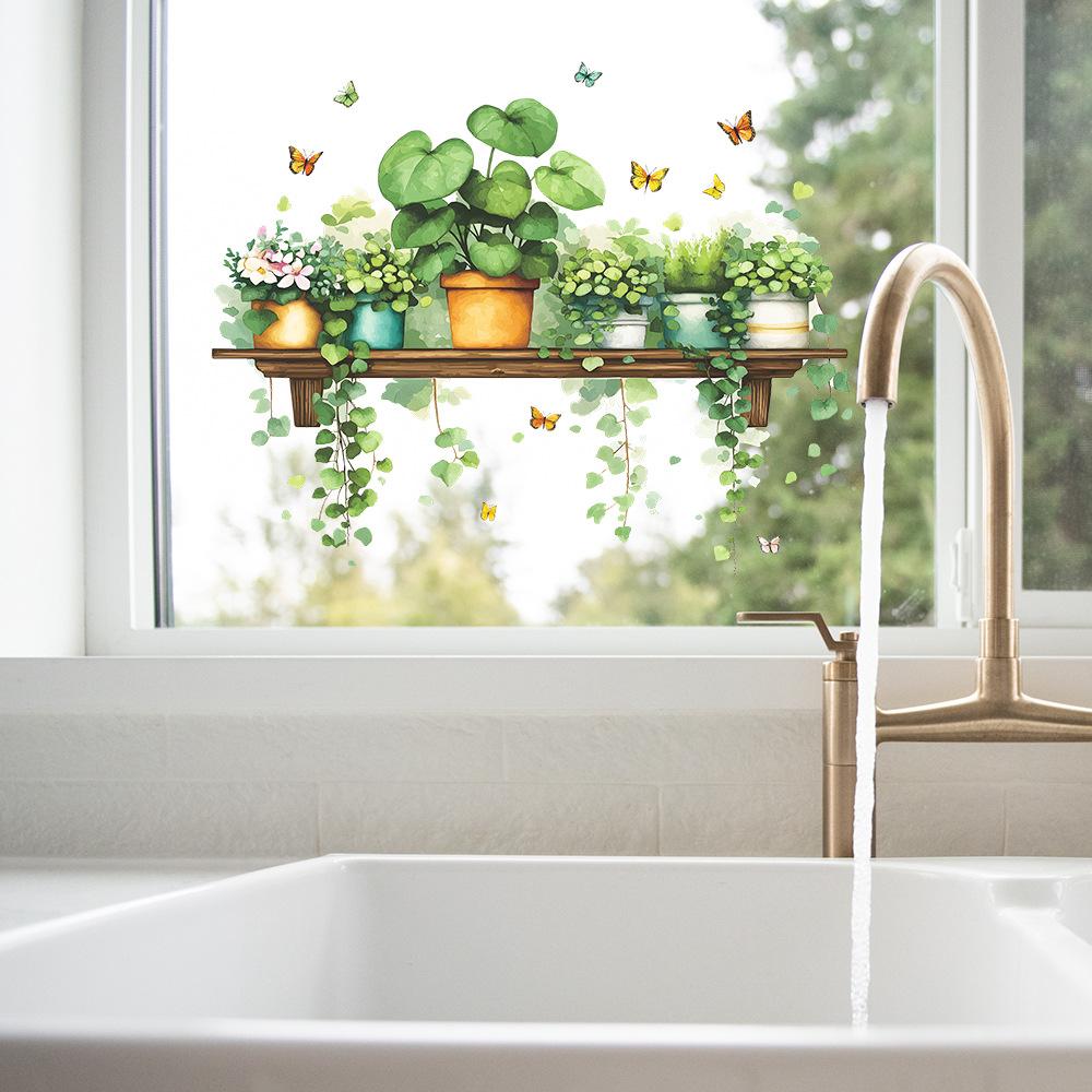 Painted Green Ivy Potted Plant Shelf, Butterfly Living Room and Bathroom Decorative Wall Stickers