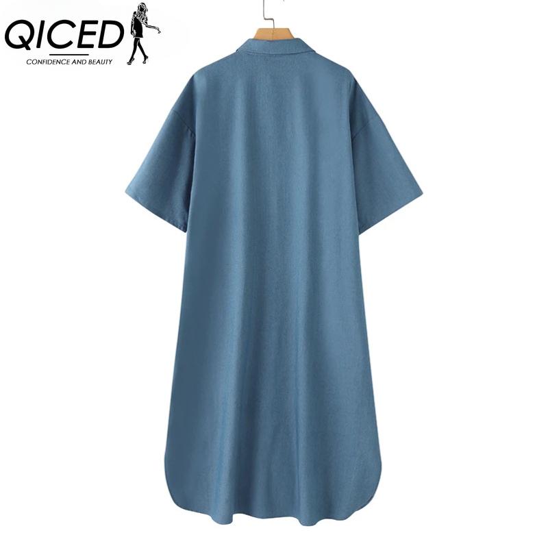 QICED Women's Fashion Summer Spring Solid Color Print Short Sleeve POLO Neck High Waist Casual Dresses