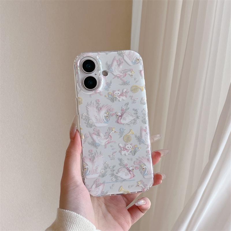 

Pastoral Floral Cat & Swan Phone Case for iPhone 17/16 Pro Max/15/14 - Girlish Heart Design iPhone 14