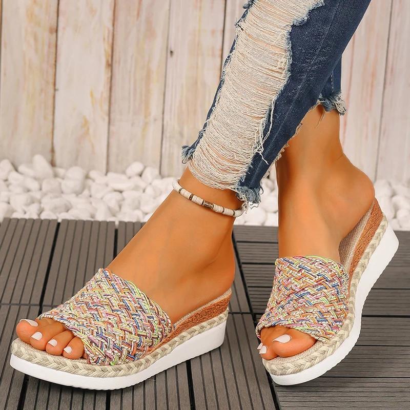 Fashion Fashion Mix Color Woven Sandals Women 2025 Summer Wedge Heel Bohemian Sandals Woman Lightweight Platform Sandles Plus Size 36-43