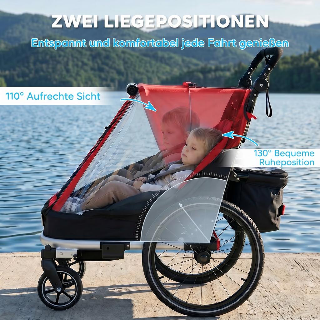 Bike Trailer for Kids, 2-Seater, 2-in-1 Foldable Kids' Bike Trailer with Adjustable Seat and Harness, Red