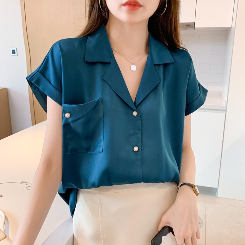 

Blusas Повседневная атласная рубашка с коротким рукавом женская летняя милая блузка для женщин однотонная рубашка с воротником поло топ шикарный элегантный 27916 S синий