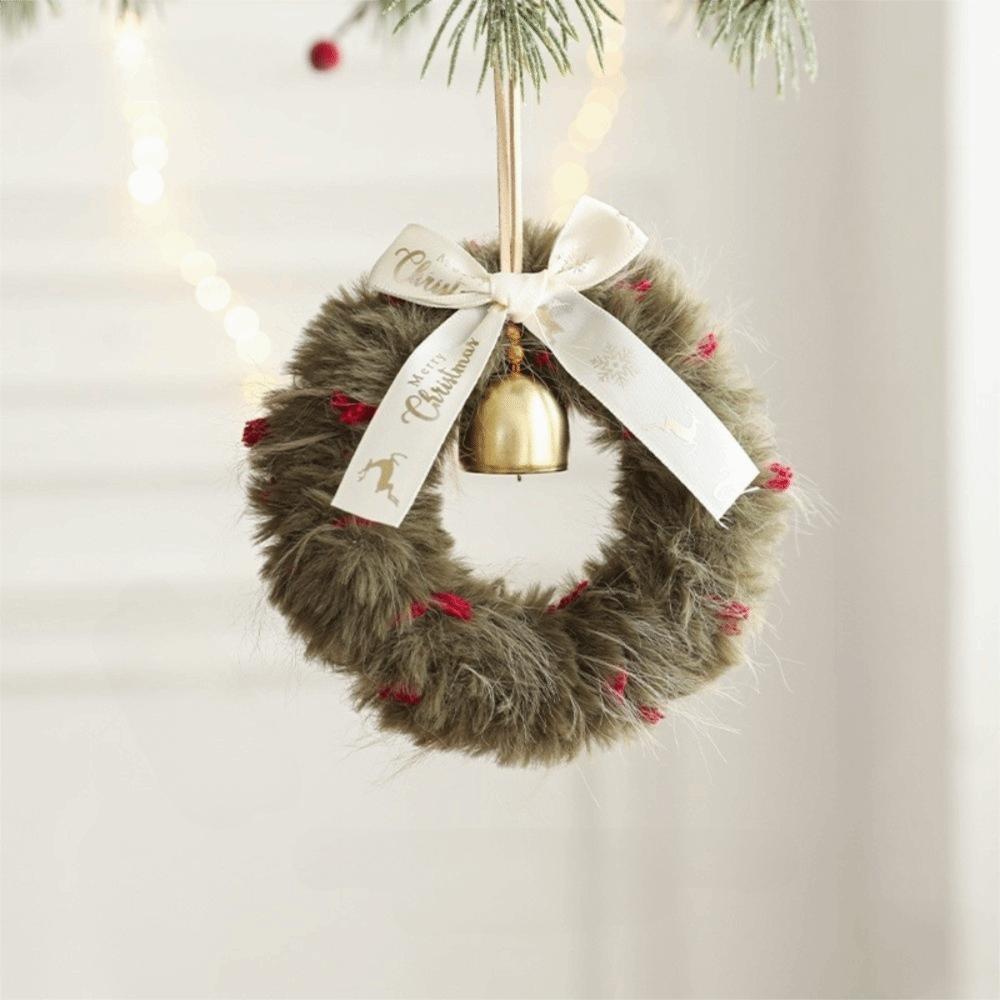 Soft Plush Christmas Wreath Ribbon Bow Bell Accents Christmas Plush Wreath Bowknot Mini Ornament Xmas Tree Wreath Holiday Home