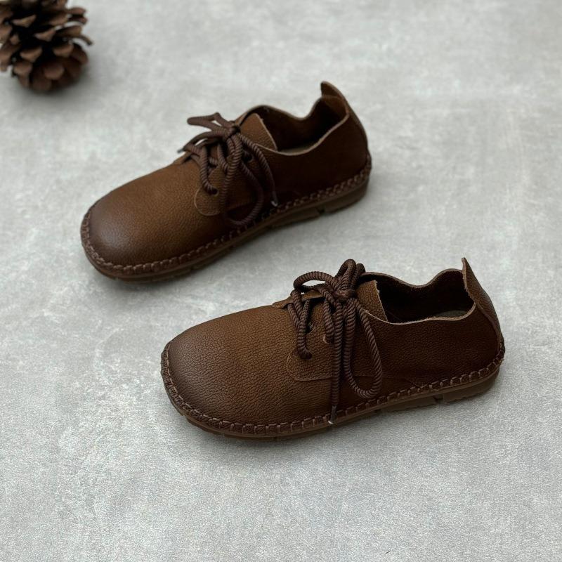 Retro Literary Leather Lace-up Single Shoes Flat Bottom Round Head Soft Cowhide Mori Ger Women's Shoes