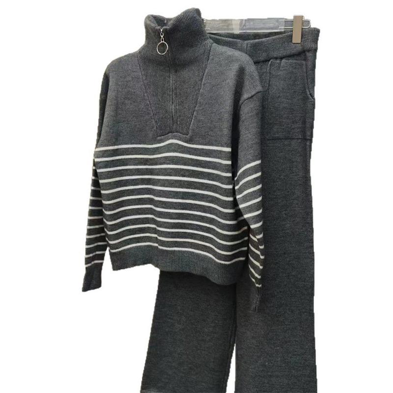 Lapel Half Zipper Striped Sweater Set Women's New Autumn and Winter Fashion Casual Wide-leg Pants Knitted Two-piece Set
