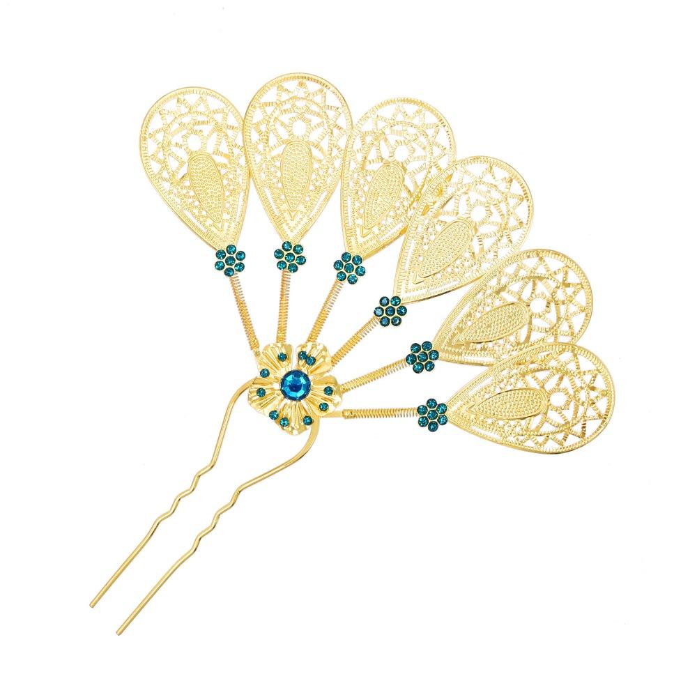 Crystal Thai Style Leaf Hair Stick Golden Ethnic Headdress Jewelry  Traditional Gold B
