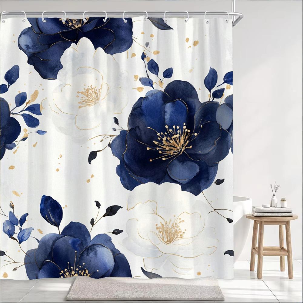 Dunika Chen Blue Elegant Floral Print Waterproof Shower Curtain Partition Privacy Hanging Curtain With Hooks Multiple Size Machine Washable