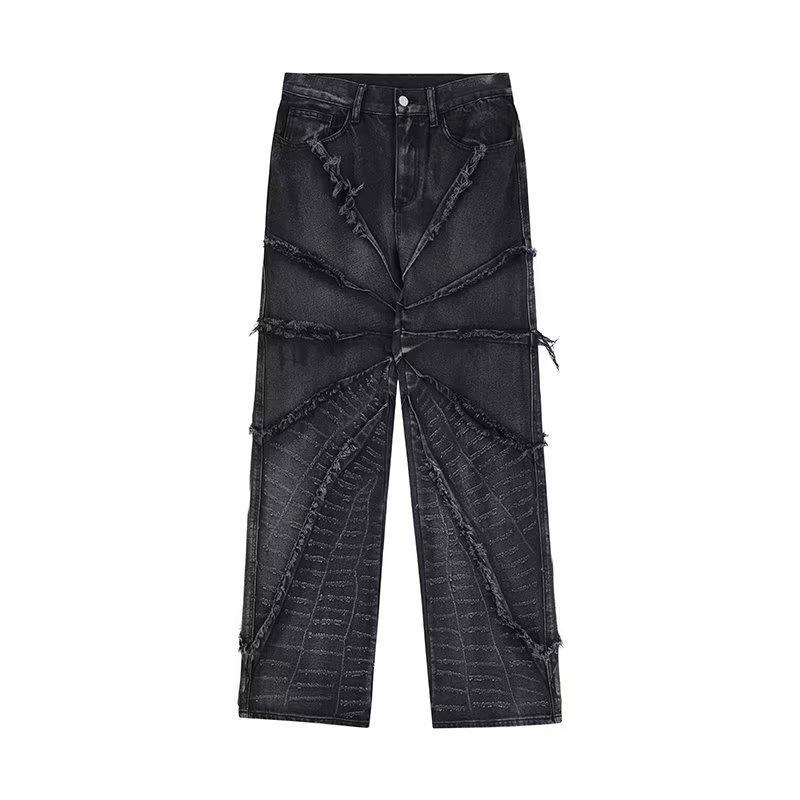 Men's Retro Baggy Jeans - Destroyed Spider Web Design with Raw Edges