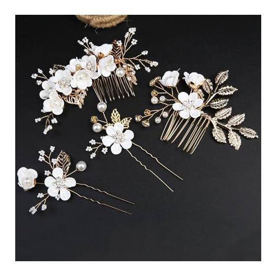 4-Piece Hair Accessory Set for Women - Sparkling Floral Hair Clips & Combs for Kimono, Wedding, Parties, Formal Occasions - White