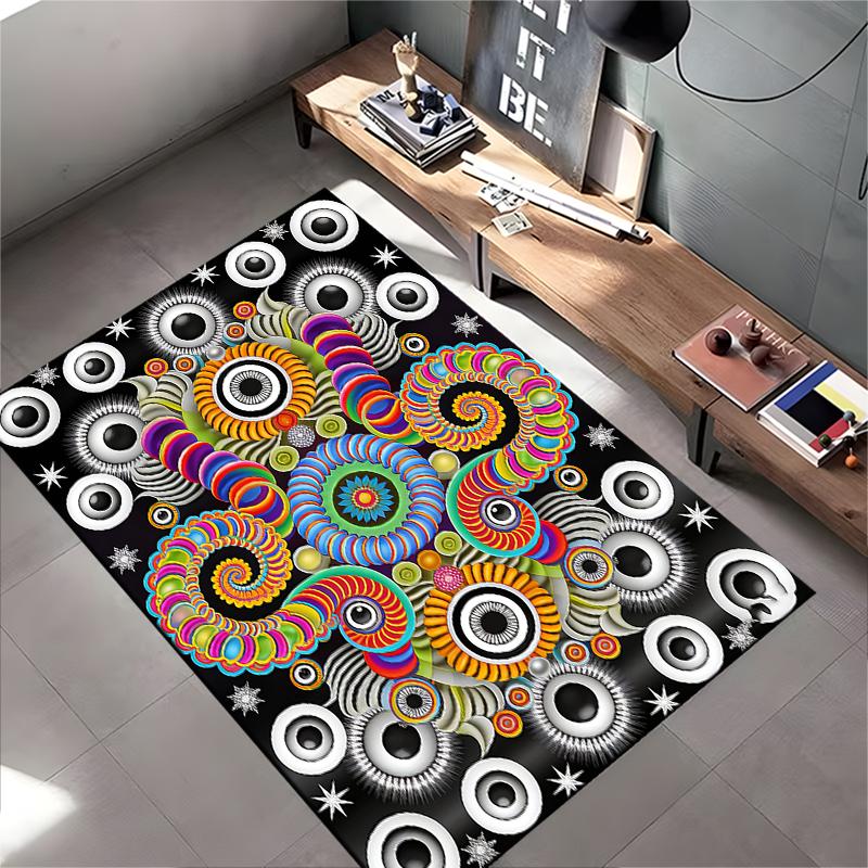 Colorful Spiral Pattern Black Carpet with Abstract Circular Design Suitable for use as an anti-slip for living room bedroom sofas