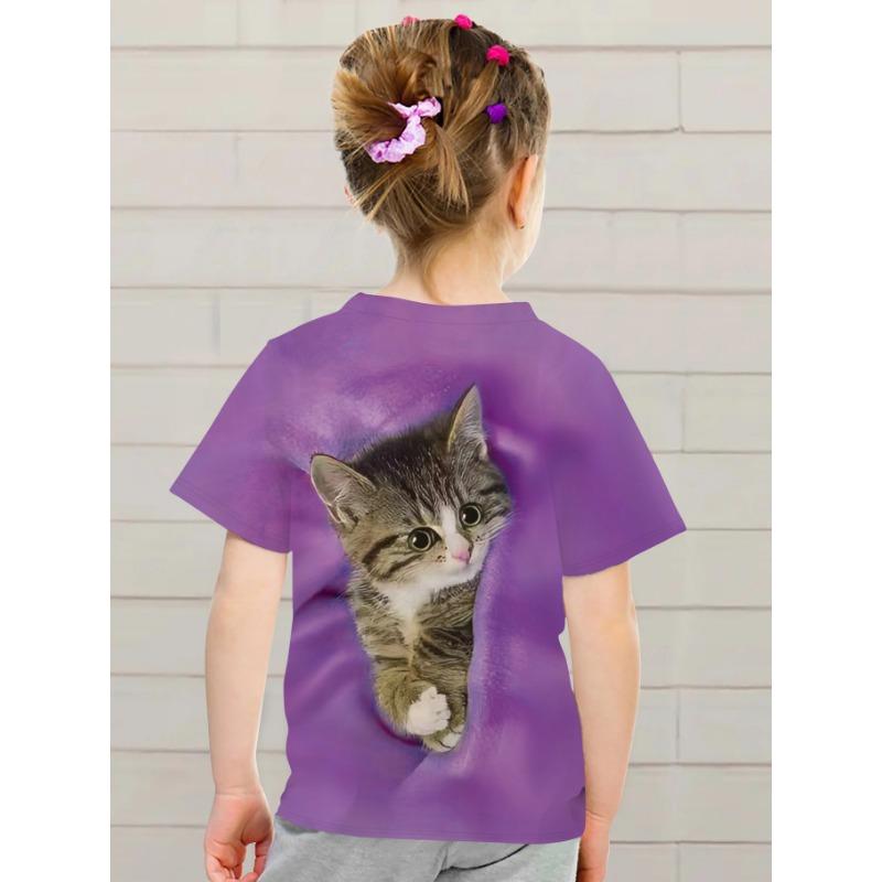 T-Shirt for Girls Cute Kitten Girls Clothes Kids T-Shirt Summer Short Sleeve Children Outdoor Sports Tops T-Shirt for Girls