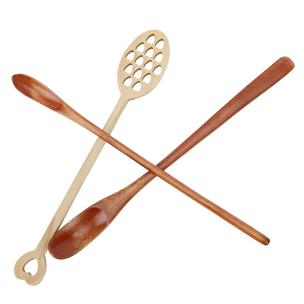 3Pcs Home Long Handle Wood Stirring Spoon Mixing Slotted Spoon for Coffee Milk Honey Use