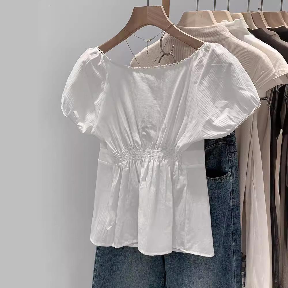 

Шикарный французский белый топ с короткими рукавами и воротником-пузырём для женщин Large белый