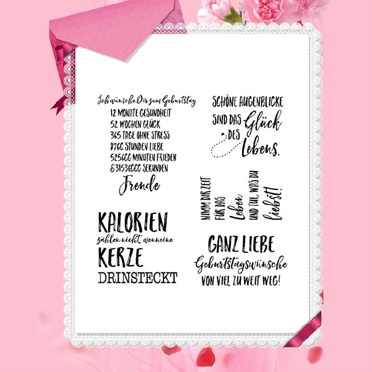 5 Stück Klarer Silikonstempel für Geburtstags Kartenherstellung Scrapbooking Deutsche Sprüche und Blumenstempel für Bastelverzierungen