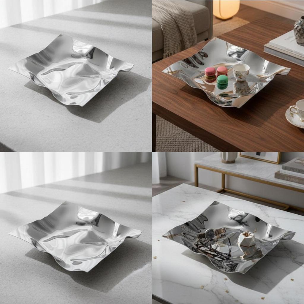 Stainless Steel Tray Mirrored with Reflective Finish Sculptural Irregular Serving Platter for