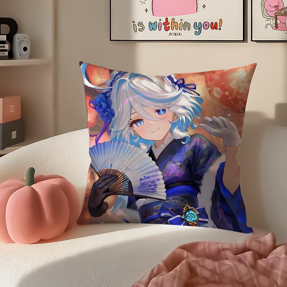 Game Genshin Furina Cushion Cover Pillowcase Short Plush Invisible Zipper Room Sofa Cushion Cover