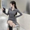 Casual Street Style Retro Slim Simple Stitching Color Zipper Neckline Design Long-Sleeved Hip Dress