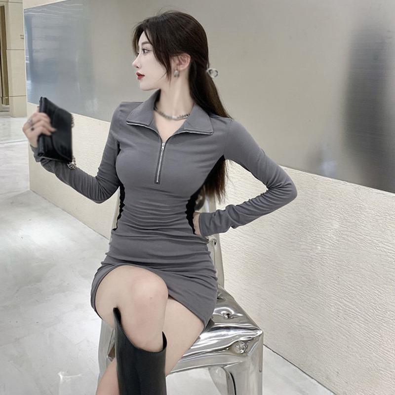 Casual Street Style Retro Slim Simple Stitching Color Zipper Neckline Design Long-Sleeved Hip Dress
