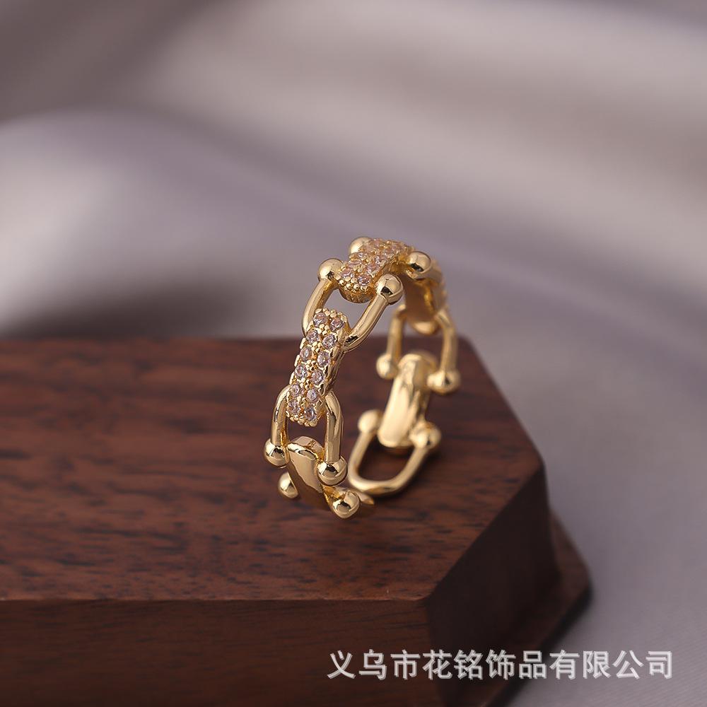 Adjustable Ring for Women Chain Link Design with Cubic Zirconia Inlay Metal Band Jewelry for Daily Wear and Special Occasions