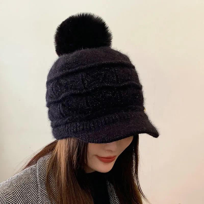 WTEMPO Rabbit Hair Blend Woolen Winter Hats Women All-match Hairball Peaked Caps Windproof Thickened Warm Plush Bomber Hats