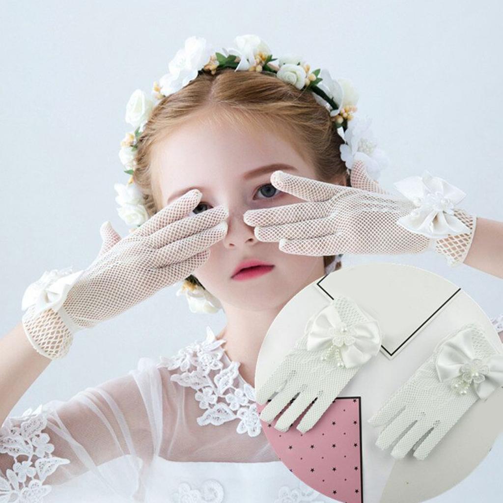 1 Pair Lace Girls' Formal Gloves Comfortable Nylon Fabric Mittens for Wedding Dresses and Special Occasions White/Black