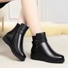 Fashion Black Soft Leather Mum Cotton Shoes Spring/Winter Side Zip Wedges Middle Heel Womens Snow Boots Soft Sole Short Boot