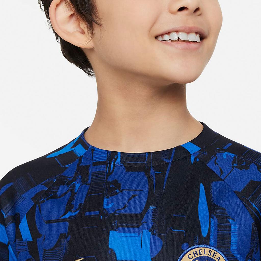 Nike Dri-FIT Chelsea Academy Pro Celoplošný potisk Rychleschnoucí Tréninkové Fotbalové Tričko s Krátkým Rukávem Dětské Topy Asfaltově Modrá DX3627-427