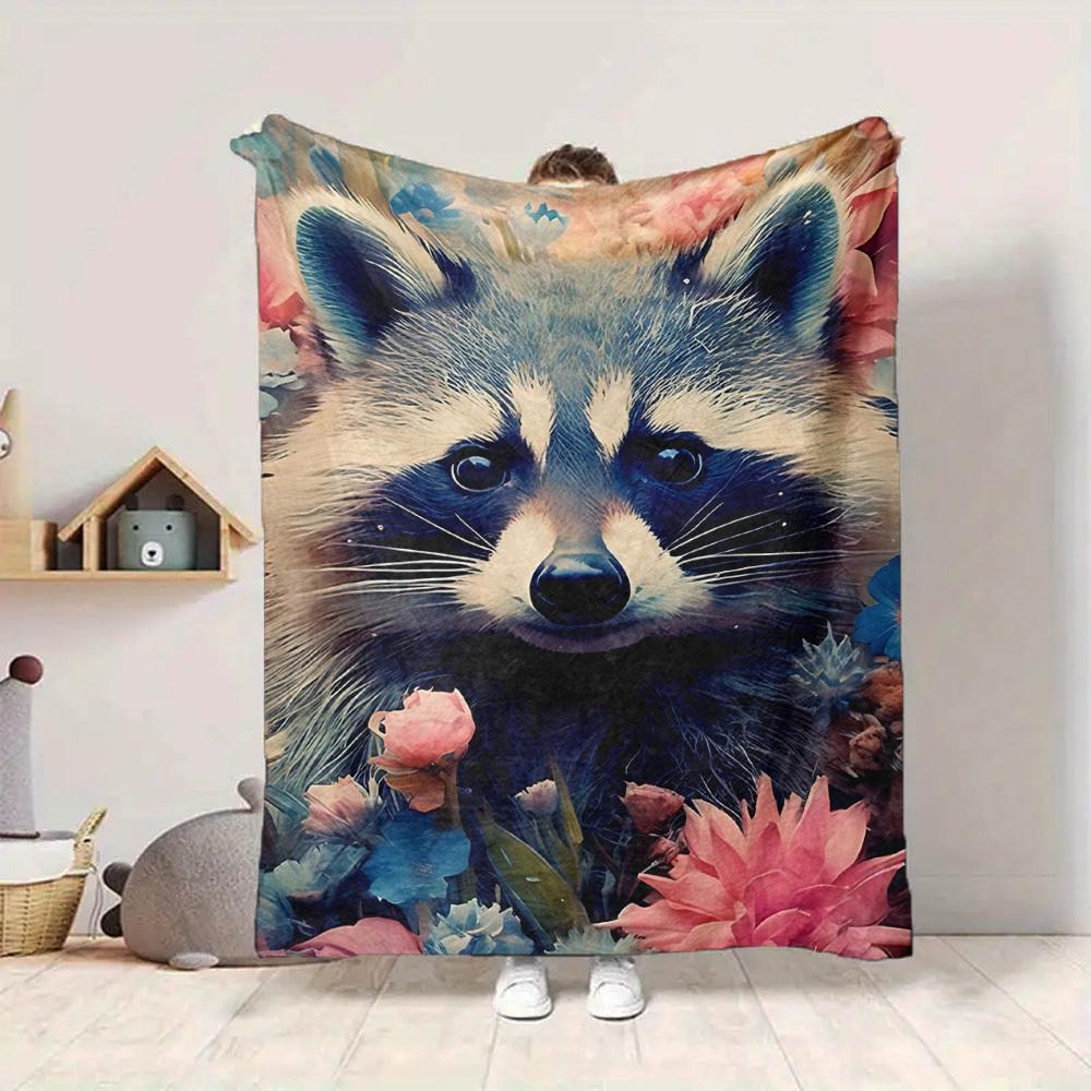 1pc Raccoon Flowers Print Blanket   Lightweight Flannel Throw Blanket For Sofa, Bed, Living Room, Office, Outdoor Travel, Camping
