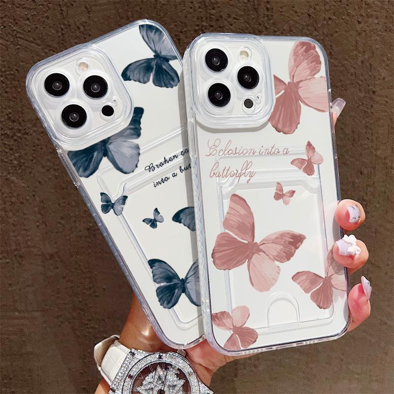 Butterflies Printed Soft TPU Clear Shockproof Casing Protective Cover Transparent Full Back Case with 1 Card Slot Holder