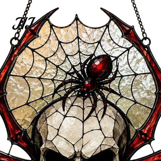 Halloween Hanging Ornaments Wind Chime Skull Spider Suncatcher, Double Side Printed Acrylic Window Gothic Decorations Ornament, Outdoor Decoration for