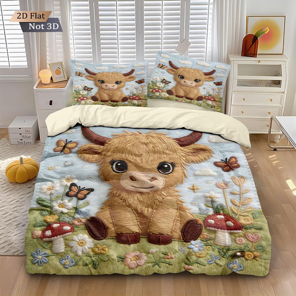 3Pcs Imitation Fabric Bad Highland Cow Print Down Duvet Cover Set, Multi Size Bedroom Bedding Decoration, Machine Washable