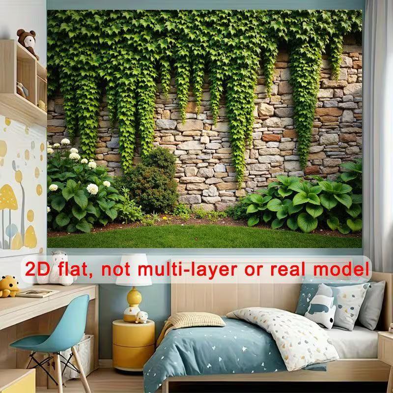 2D Garden Stone Wall with Ivy and Greenery Backdrop Photo Background