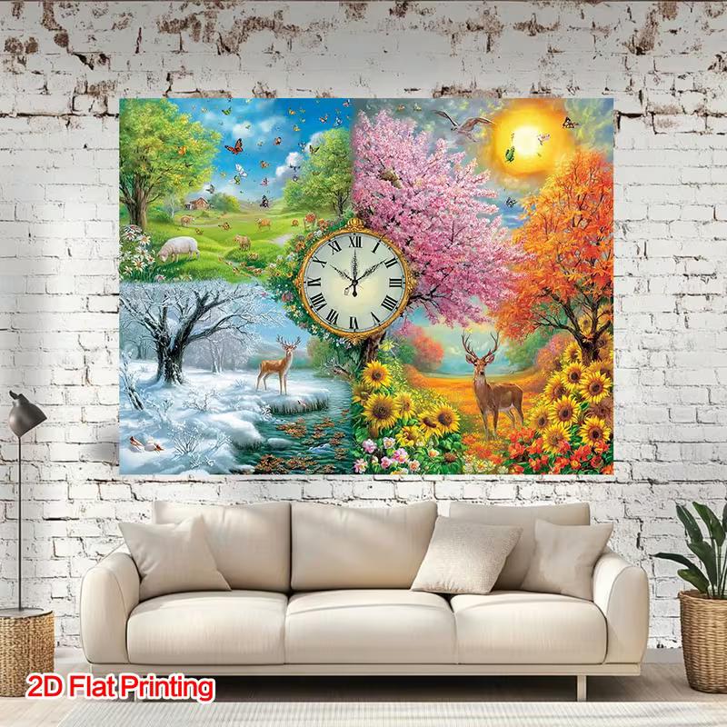 2D Four Seasons Clock Backdrop, Spring Summer Autumn Winter Nature Scenes