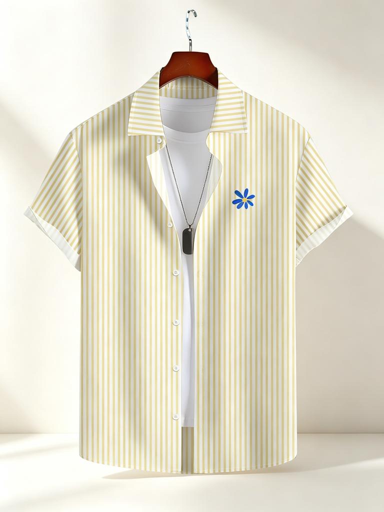 Printe Esign – Not Texture Men's Yellow and White Striped Short-Sleeve Shirt with Blue Daisy Print, Fresh and Casual Top, New Summer Fashion Versatile