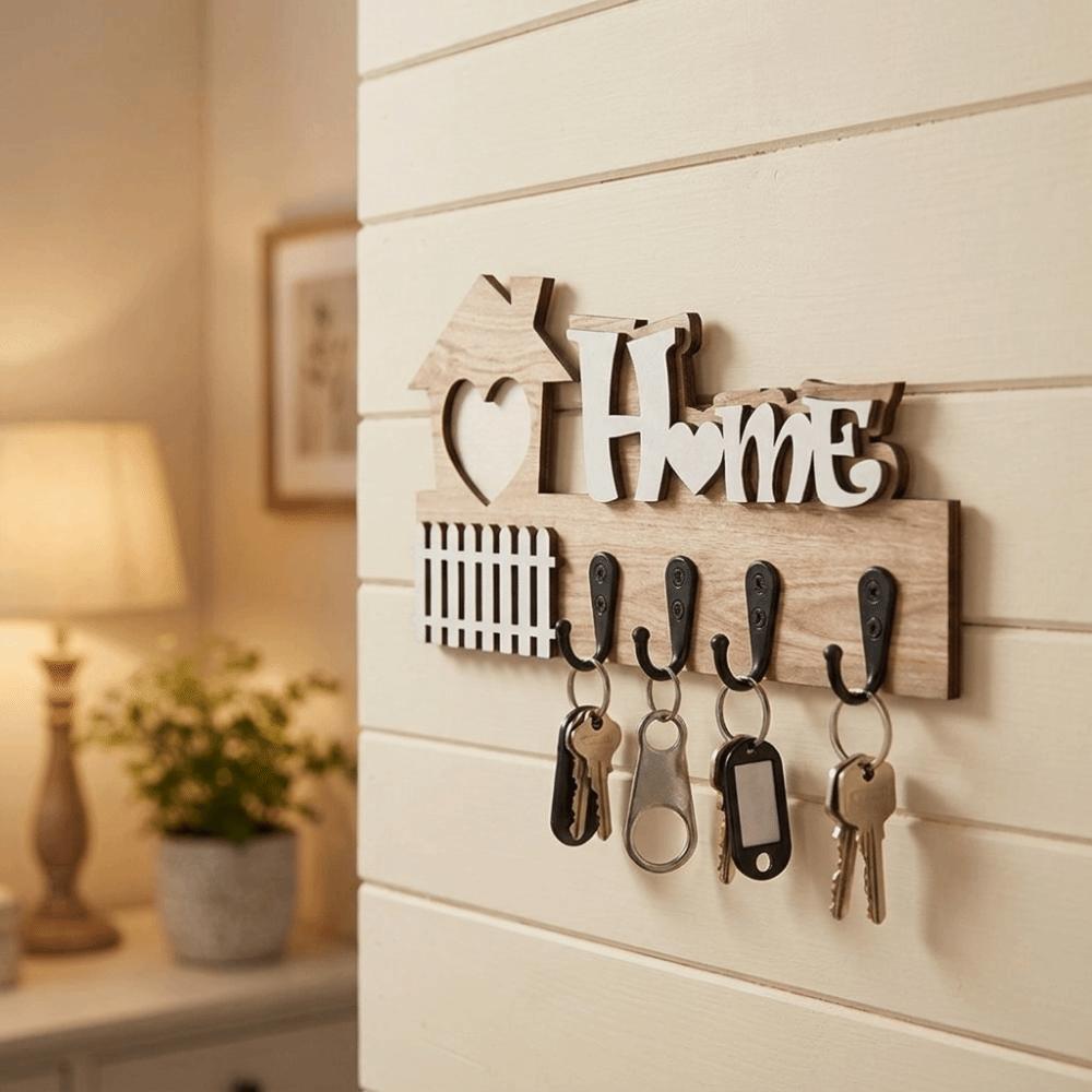 Vintage Wooden Key Hook 4 Hooks Key and Accessory Hanger Wall Storage Rack Entrance Decoration