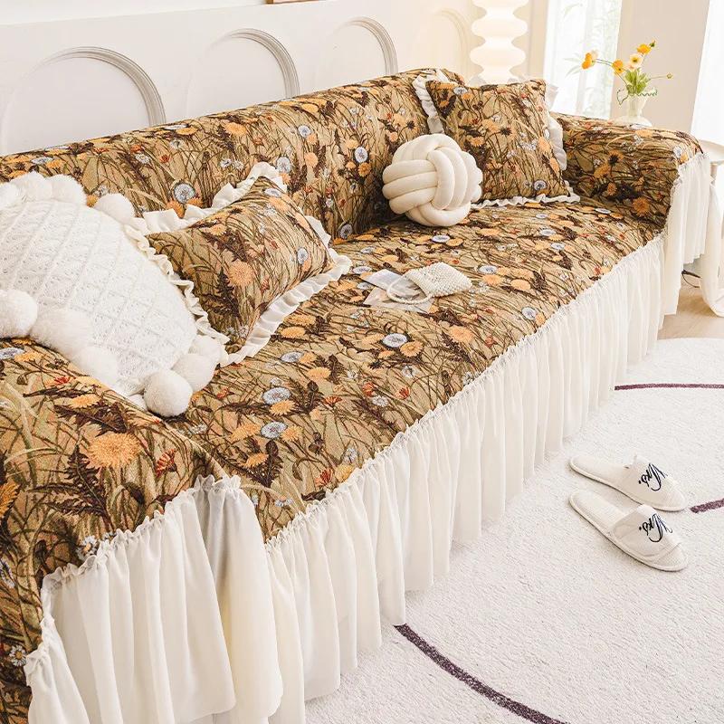 Pastoral Style Cotton And Linen Sofa Blanket Small Flowers Sofa Cover With Skirts Anti-Slip Sofas Towel Beds Blankets Funda Sofa