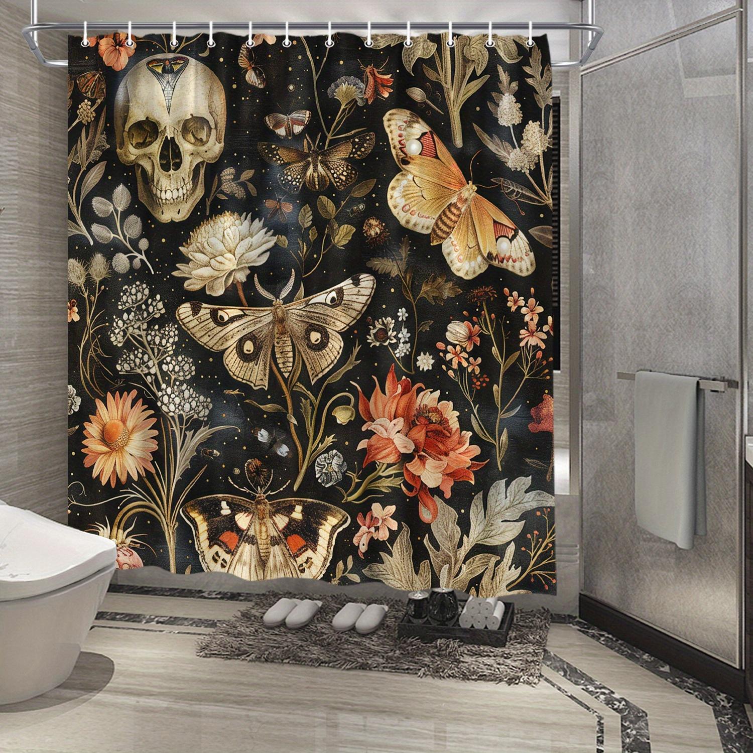 1pc Botanical Skull Shower Curtain - Digital Illustration, Butterflies, Moths & Flowers on Charcoal Background W90XH180cm