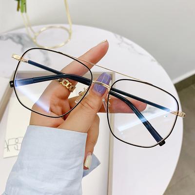 Double Beam Retro Large Frame Pilot Metal Glasses Frame Literary Optical Glasses Anti-Blue Flat Glasses Myopia Glasses