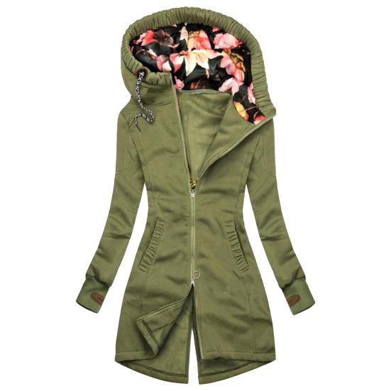 Women Hooded Coat Floral Print Patchwork Autumn Winter Drawstring Zipper Irregular Bottom Sweatshirt for Daily Wear