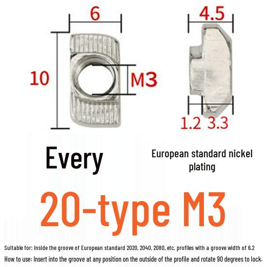 European Standard T-Nut - Rear-Mounted T-Shaped Hammer Head for Aluminum Profile (M4, M5, M6, M8) 20/30/40/45.