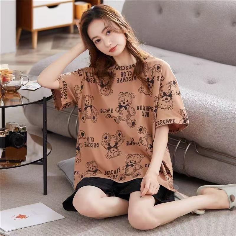 GMXIA Cute Panda Pajamas for Women In Summer, Short Sleeves and Shorts, Large-sized and Thin Summer Casual Home Wear Set