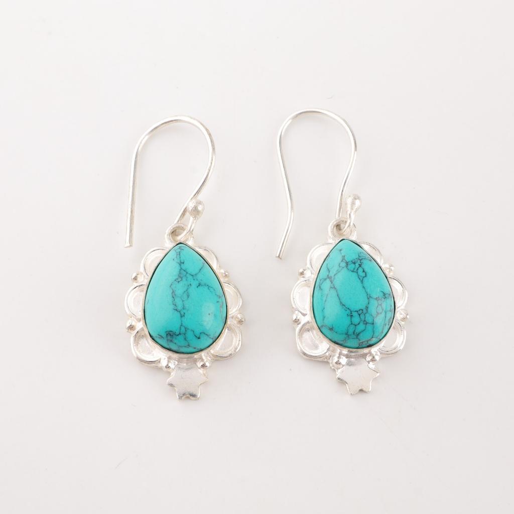 Blue Turquoise Gemstone 925 Stamped Silver Jewelry Handmade Girls Earrings 1.6" EE-163-23