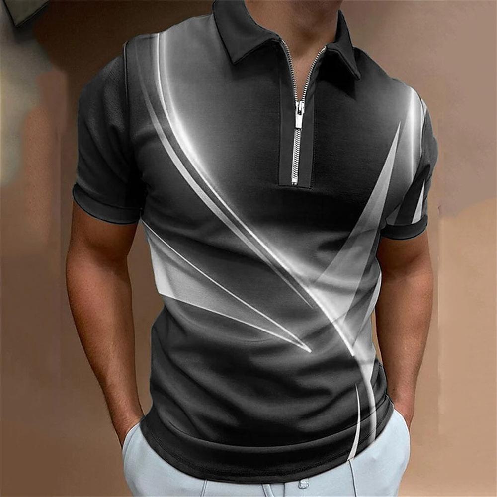 Men's Zip-up Short Sleeve Polo Shirt, Stylish Abstract Design, Casual Essential