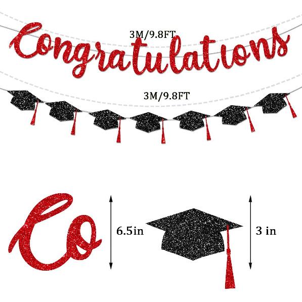 Congratulations Banner Graduation Decorations Class of 2026 Red Glitter Congrats Grad with Tassel Party Decor College High School Favors Black