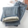 Women's Light Blue Retro Straight-Leg Jeans: 2024 Plus Velvet Thickened Wide-Leg Pants for Autumn/Winter.